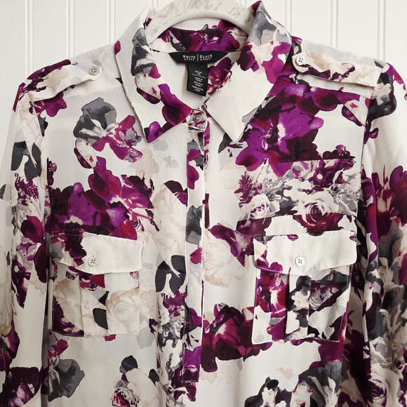WHBM Floral Silk Button Up Blouse Collared Elastic Hem‎ Size 14P - Picture 4 of 12
